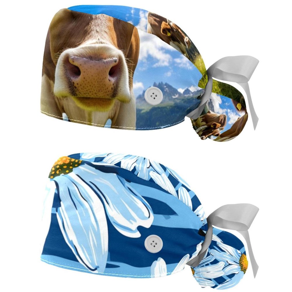 YTYVAGT 2-Pc,Gourd-Shaped Working Cap,Fisherman Hat with Buttons and Cotton Sweatband,Blue Sky Mountain Cow