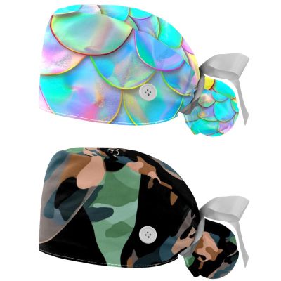 2-Pc,Working Hat,Nursing Hat,Surgical Surgery Hats,Bouffant Tie Back Hats,Candy Color Mermaid Fish Scale