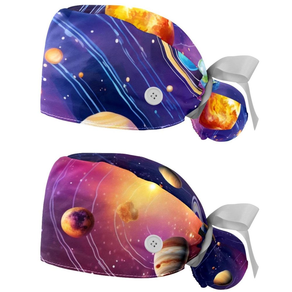 2-Pc,Nurse Scrub Caps,Scrub Hats with Buttons and Cotton Sweatband,Bright Planets of Solar System