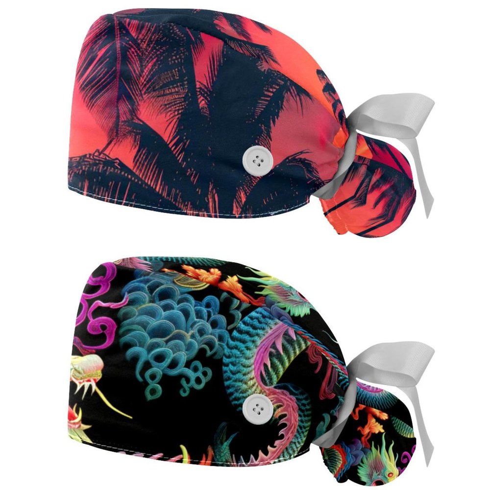 2-Pc,Gourd-Shaped Working Cap,Fisherman Hat with Buttons and Cotton Sweatband,Tropical Sunset Palm Tree