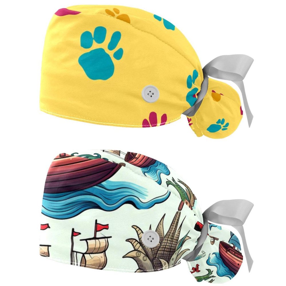 2-Pc,Gourd-Shaped Working Cap,Fisherman Hat with Buttons and Cotton Sweatband,Colored Paws Yellow Background