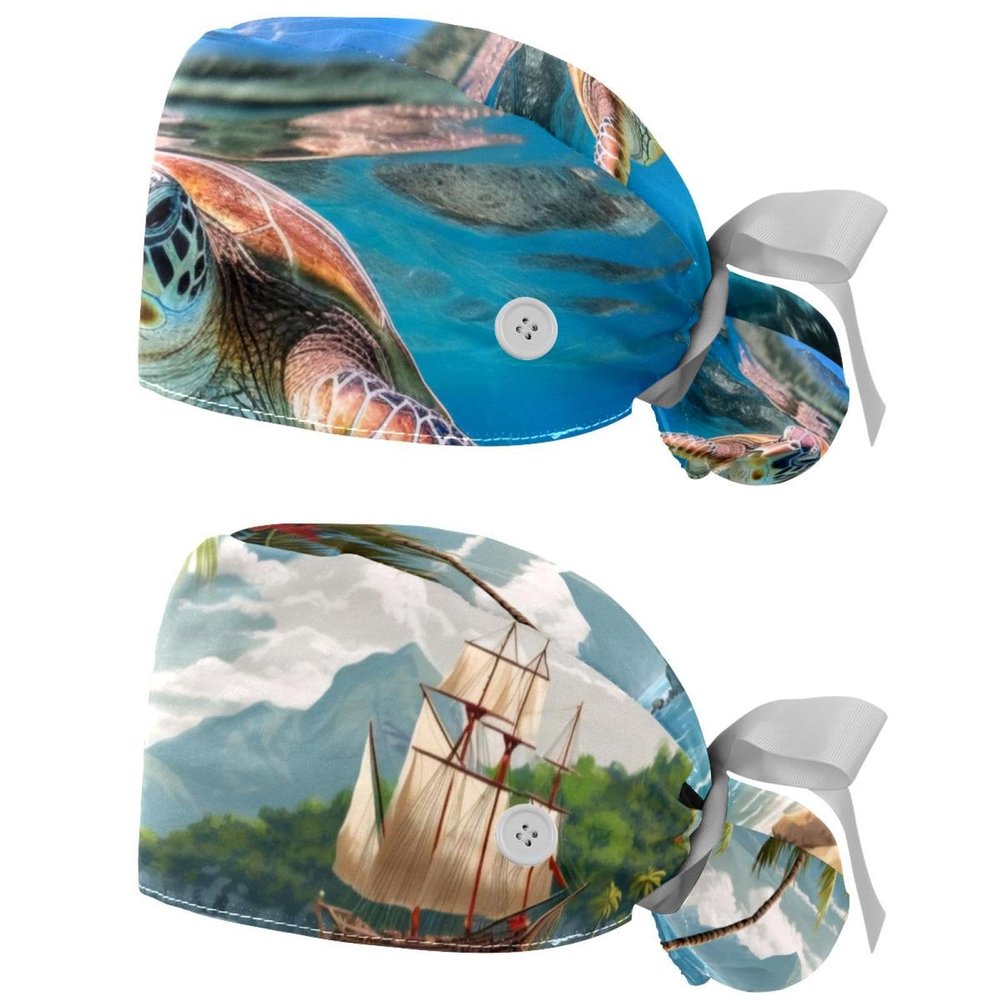 2-Pc,Nurse Scrub Caps,Scrub Hats with Buttons and Cotton Sweatband,Animal Sea Turtle Swimming Pattern