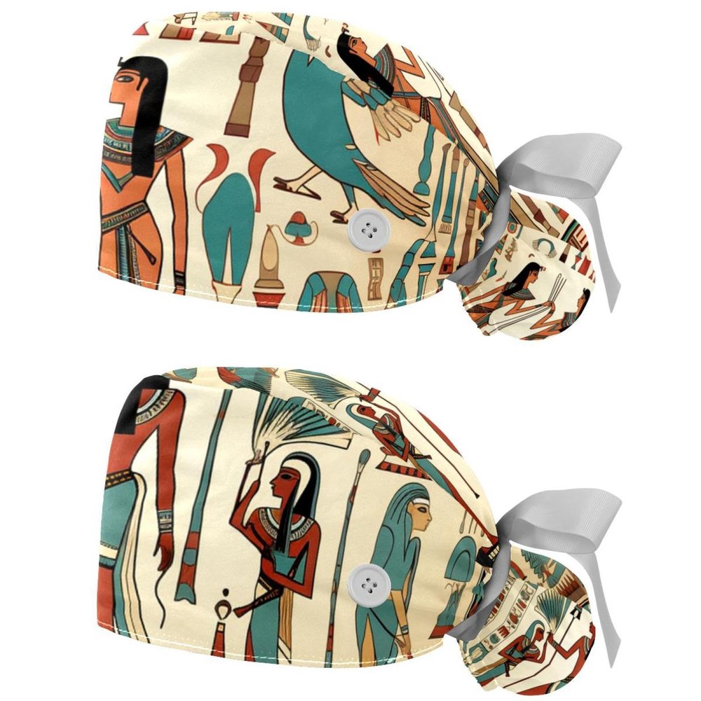 2-Pc,Nurse Scrub Caps,Scrub Hats with Buttons and Cotton Sweatband,Ancient Egypt Nation