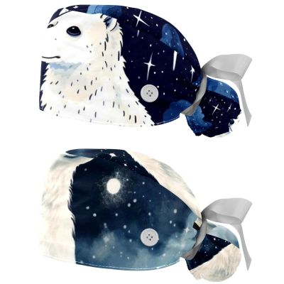 2-Pc,Nurse Scrub Caps,Scrub Hats with Buttons and Cotton Sweatband,Animal Polar Bear Starry Art Pattern