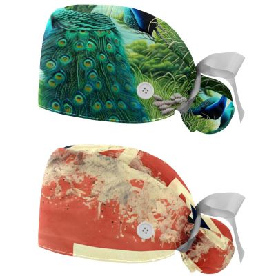 2-Pc,Gourd-Shaped Working Cap,Fisherman Hat with Buttons and Cotton Sweatband,Vintage Colorful Blue Peacock