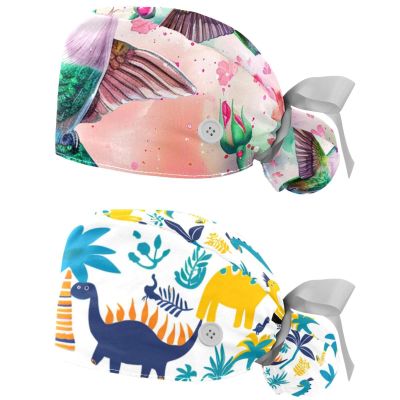 2-Pc,Nurse Scrub Caps,Scrub Hats with Buttons and Cotton Sweatband,Colorful Floral Rose Hummingbird