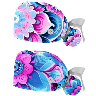 2-Pc,Gourd-Shaped Working Cap,Fisherman Hat with Buttons and Cotton Sweatband,Blue Flower Wave Paisley Mandala