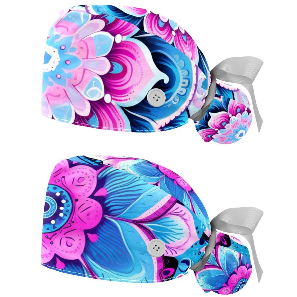 2-Pc,Gourd-Shaped Working Cap,Fisherman Hat with Buttons and Cotton Sweatband,Blue Flower Wave Paisley Mandala