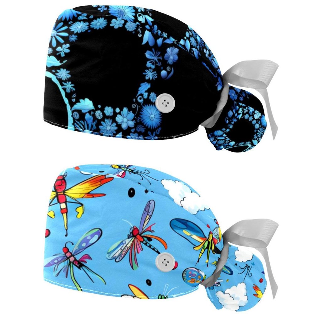2-Pc,Bouffant Turban Hats,Tie Back Hat with Buttons,Fishing Hat,Blue Floral Skull