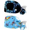 2-Pc,Bouffant Turban Hats,Tie Back Hat with Buttons,Fishing Hat,Blue Floral Skull