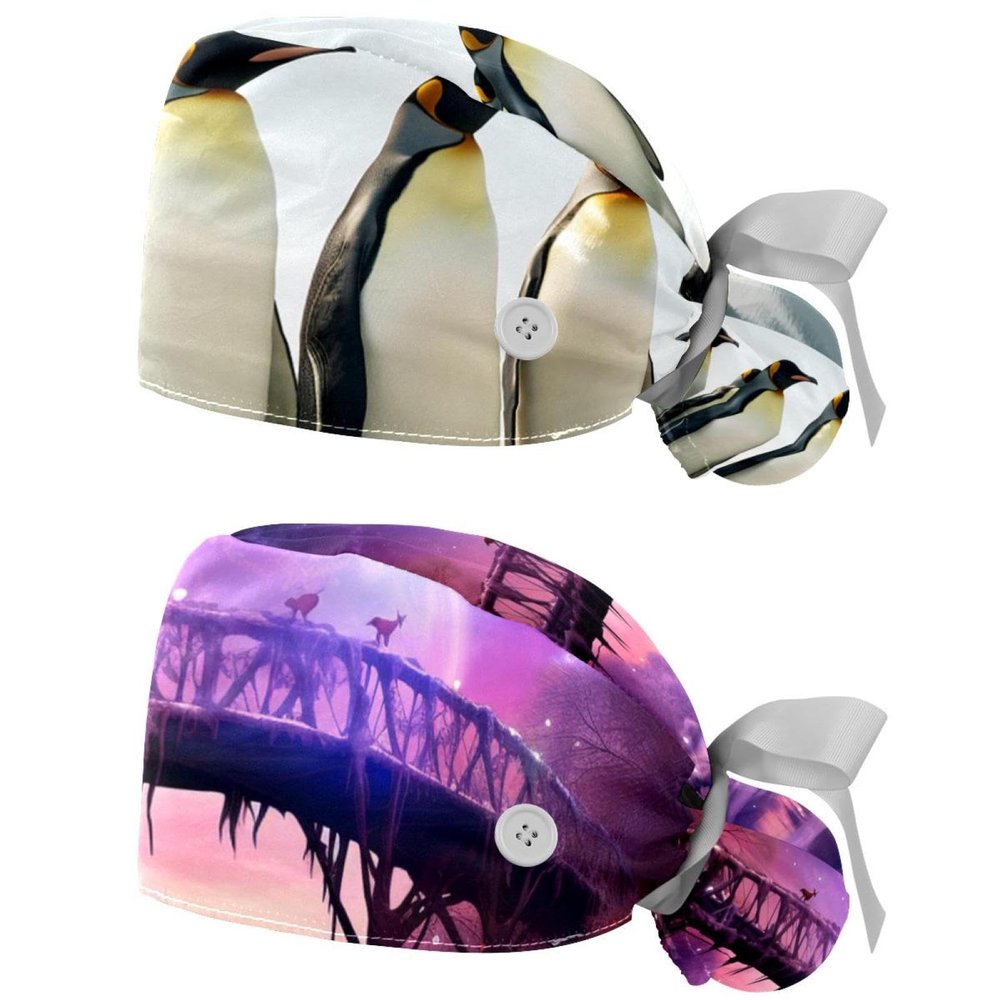 2-Pc,Gourd-Shaped Working Cap,Fisherman Hat with Buttons and Cotton Sweatband,Antarctic Penguin Family