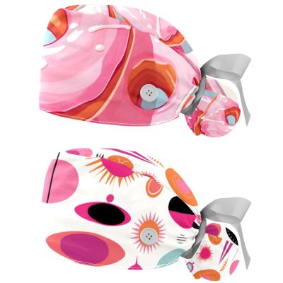 2-Pc,Nurse Scrub Caps,Scrub Hats with Buttons and Cotton Sweatband,Cartoon Colorful Donuts