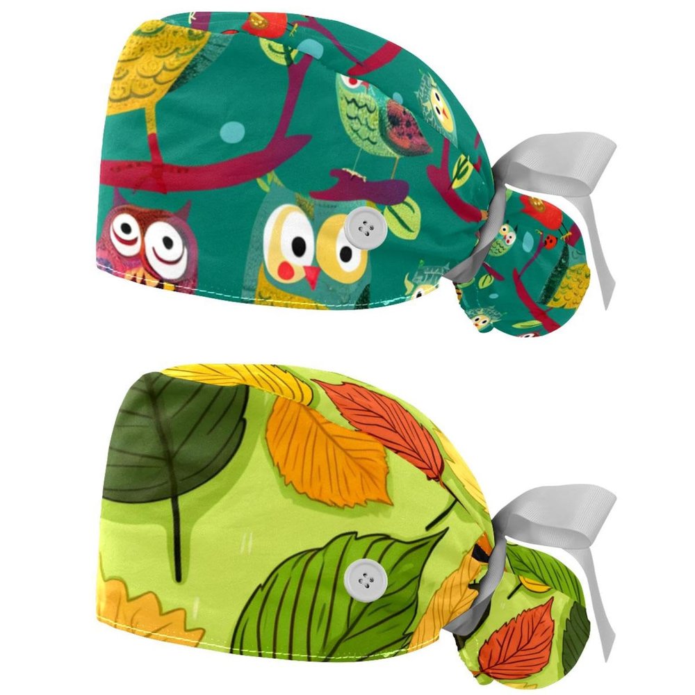 2-Pc,Gourd-Shaped Working Cap,Fisherman Hat with Buttons and Cotton Sweatband,Cartoon Eagle Fruit Tree Owl