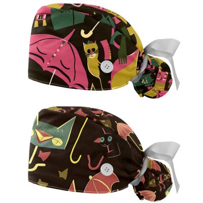 2-Pc,Gourd-Shaped Working Cap,Fisherman Hat with Buttons and Cotton Sweatband,Umbrella Floral Cat