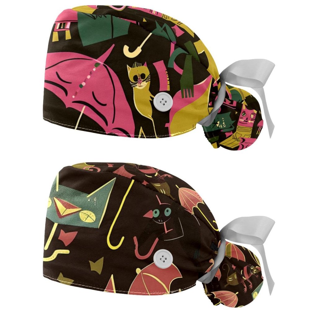 2-Pc,Gourd-Shaped Working Cap,Fisherman Hat with Buttons and Cotton Sweatband,Umbrella Floral Cat