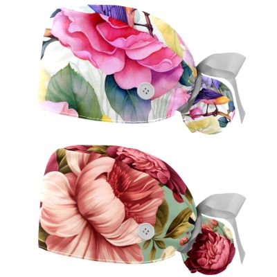 2-Pc,Gourd-Shaped Working Cap,Fisherman Hat with Buttons and Cotton Sweatband,Floral Roses Bird Butterfly