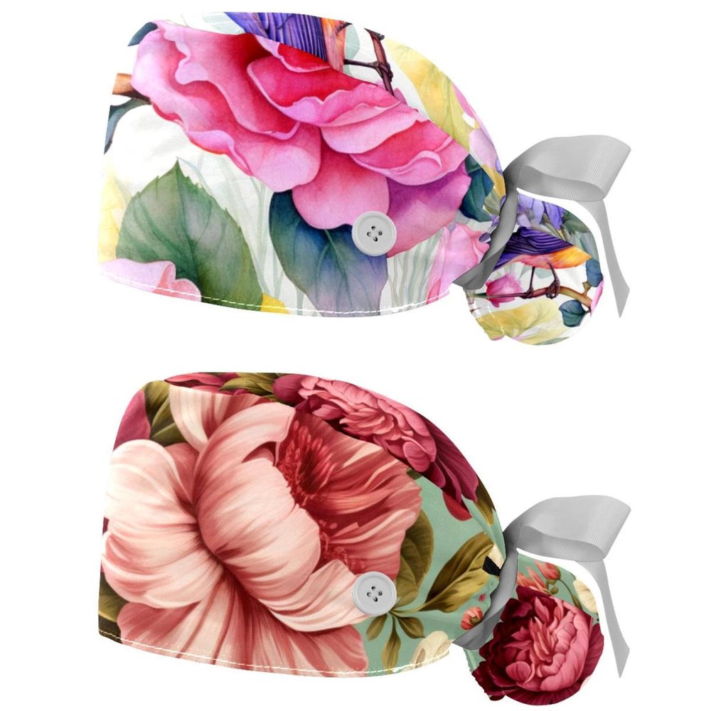 2-Pc,Gourd-Shaped Working Cap,Fisherman Hat with Buttons and Cotton Sweatband,Floral Roses Bird Butterfly