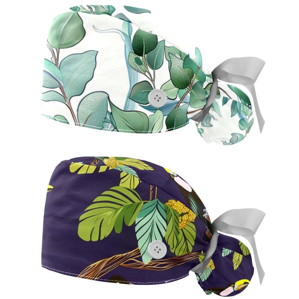 2-Pc,Nurse Scrub Caps,Scrub Hats with Buttons and Cotton Sweatband,Branch Green Leaf