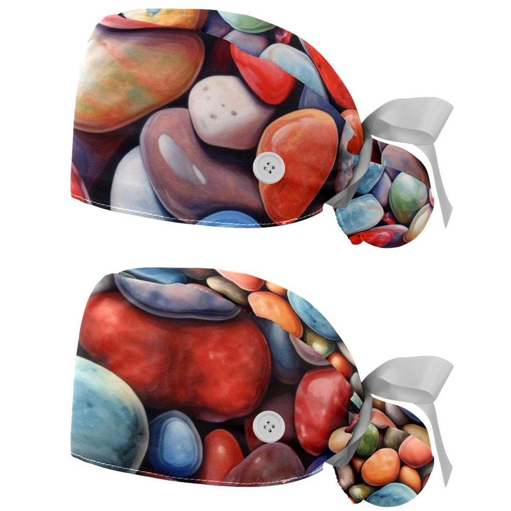2-Pc,Nurse Scrub Caps,Scrub Hats with Buttons and Cotton Sweatband,Beach Colorful Stones