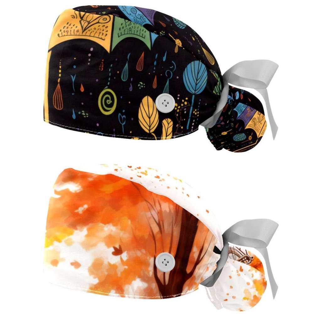 2-Pc,Gourd-Shaped Working Cap,Fisherman Hat with Buttons and Cotton Sweatband,Abstract Art Umbrella Pattern