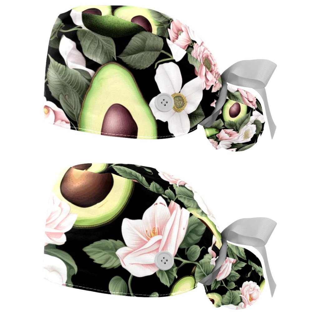2-Pc,Nurse Scrub Caps,Scrub Hats with Buttons and Cotton Sweatband,Yin Yang Avocado Egg Rose