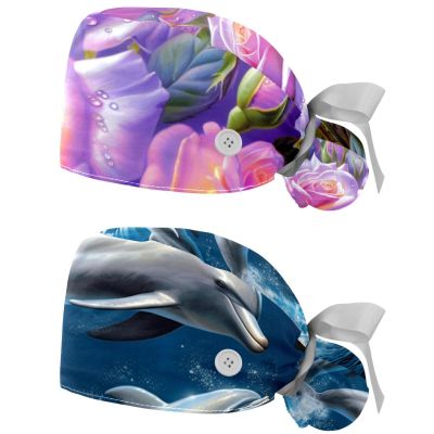 2-Pc,Nurse Scrub Caps,Scrub Hats with Buttons and Cotton Sweatband,Purple Painting Flower Blossom