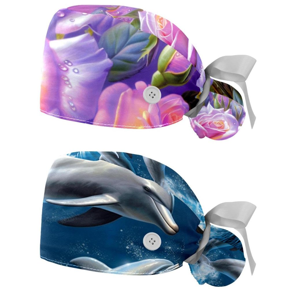 2-Pc,Nurse Scrub Caps,Scrub Hats with Buttons and Cotton Sweatband,Purple Painting Flower Blossom