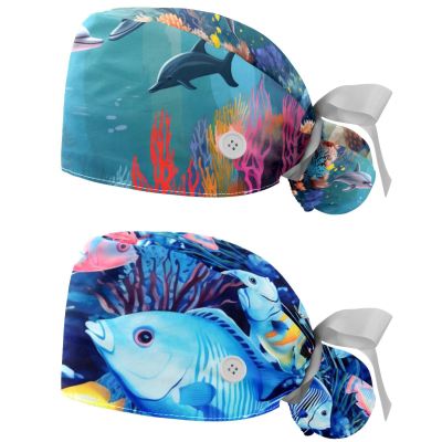 2-Pc,Gourd-Shaped Working Cap,Fisherman Hat with Buttons and Cotton Sweatband,Dolphins Fish Ocean Coral