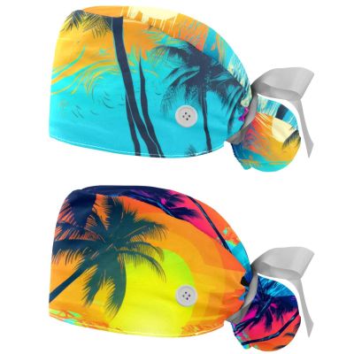 2-Pc,Gourd-Shaped Working Cap,Fisherman Hat with Buttons and Cotton Sweatband,Colorful Tropical Tree Sunset