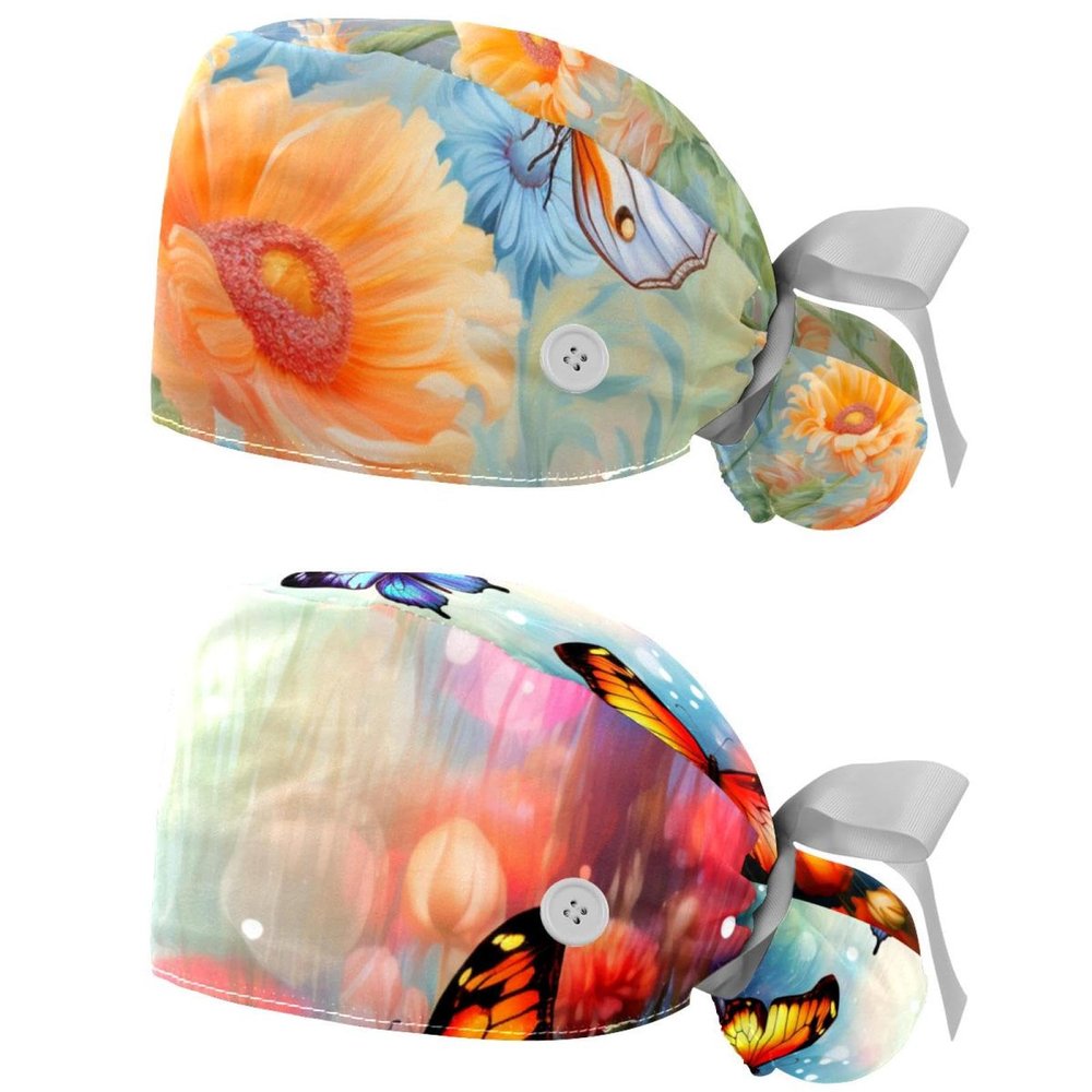 2-Pc,Gourd-Shaped Working Cap,Fisherman Hat with Buttons and Cotton Sweatband,Butterfly and Flowers Field