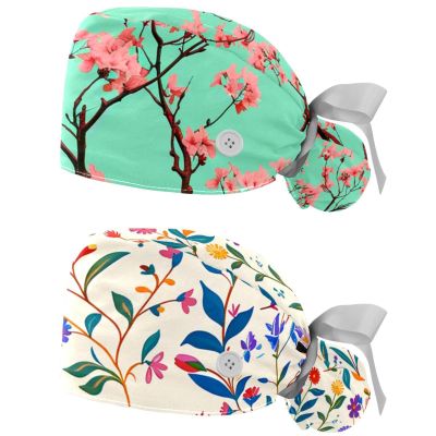 2-Pc,Gourd-Shaped Working Cap,Fisherman Hat with Buttons and Cotton Sweatband,Cherry Blossoms on Green Background