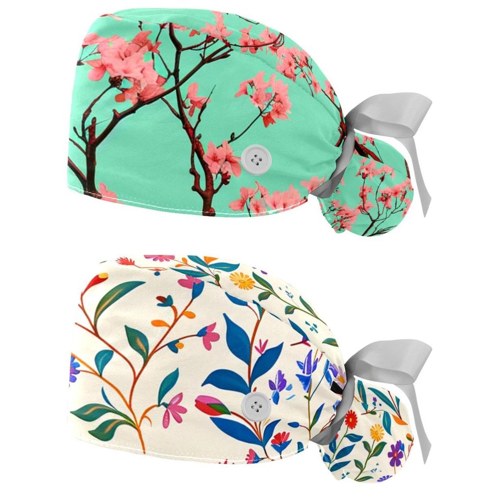 2-Pc,Gourd-Shaped Working Cap,Fisherman Hat with Buttons and Cotton Sweatband,Cherry Blossoms on Green Background