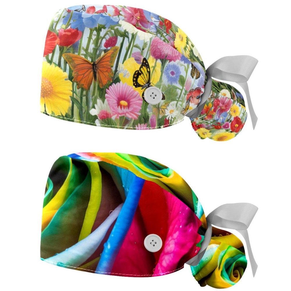 2-Pc,Nurse Scrub Caps,Scrub Hats with Buttons and Cotton Sweatband,Flowers and Butterflies Garden