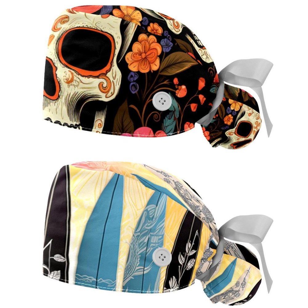 2-Pc,Gourd-Shaped Working Cap,Fisherman Hat with Buttons and Cotton Sweatband,Floral Suagr Skull