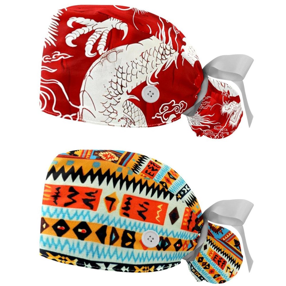 2-Pc,Gourd-Shaped Working Cap,Fisherman Hat with Buttons and Cotton Sweatband,Chinese Dragon Red