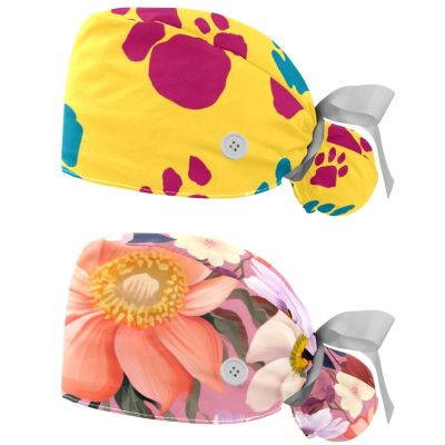 2-Pc,Nurse Scrub Caps,Scrub Hats with Buttons and Cotton Sweatband,Colored Paws Yellow Background