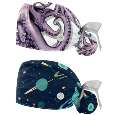 2-Pc,Nurse Scrub Caps,Scrub Hats with Buttons and Cotton Sweatband,Abstract Ocean Octopus