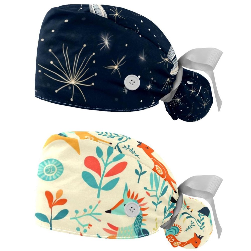 2-Pc,Nurse Scrub Caps,Scrub Hats with Buttons and Cotton Sweatband,Abstract Dragonfly