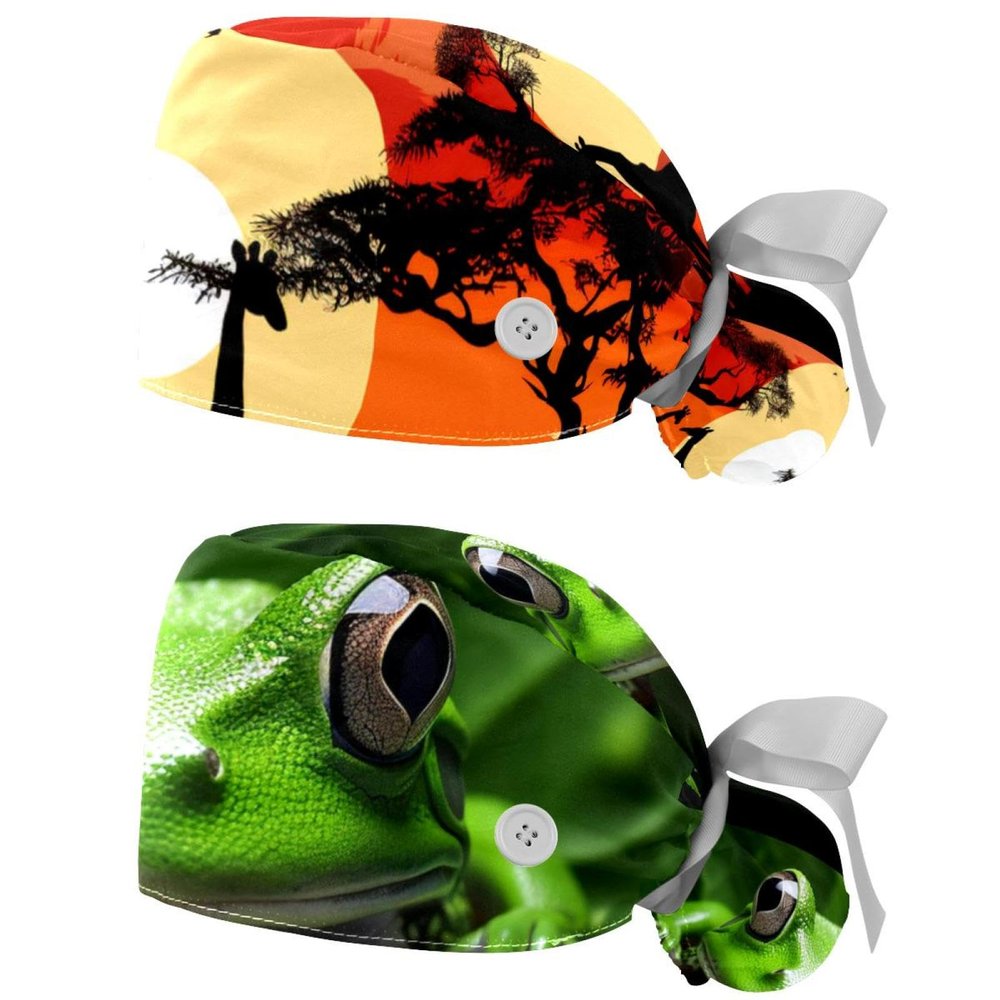 2-Pc,Gourd-Shaped Working Cap,Fisherman Hat with Buttons and Cotton Sweatband,African Sunset Family Giraffe