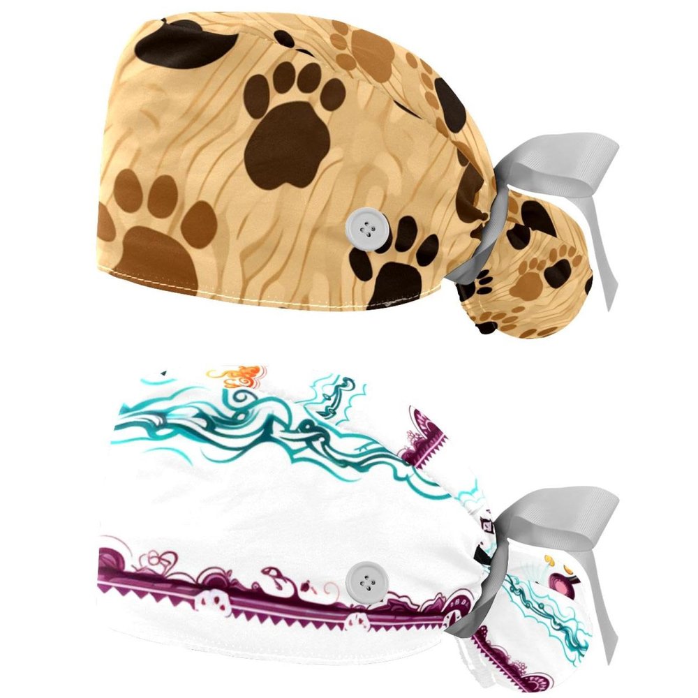 2-Pc,Nurse Scrub Caps,Scrub Hats with Buttons and Cotton Sweatband,Cute Animal Dog Paw Pattern