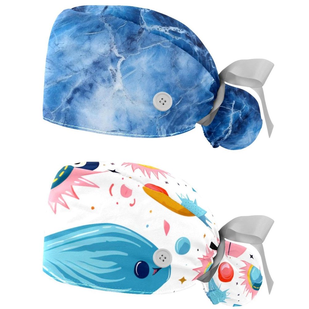 2-Pc,Nurse Scrub Caps,Scrub Hats with Buttons and Cotton Sweatband,Blue Marble Abstract Texture