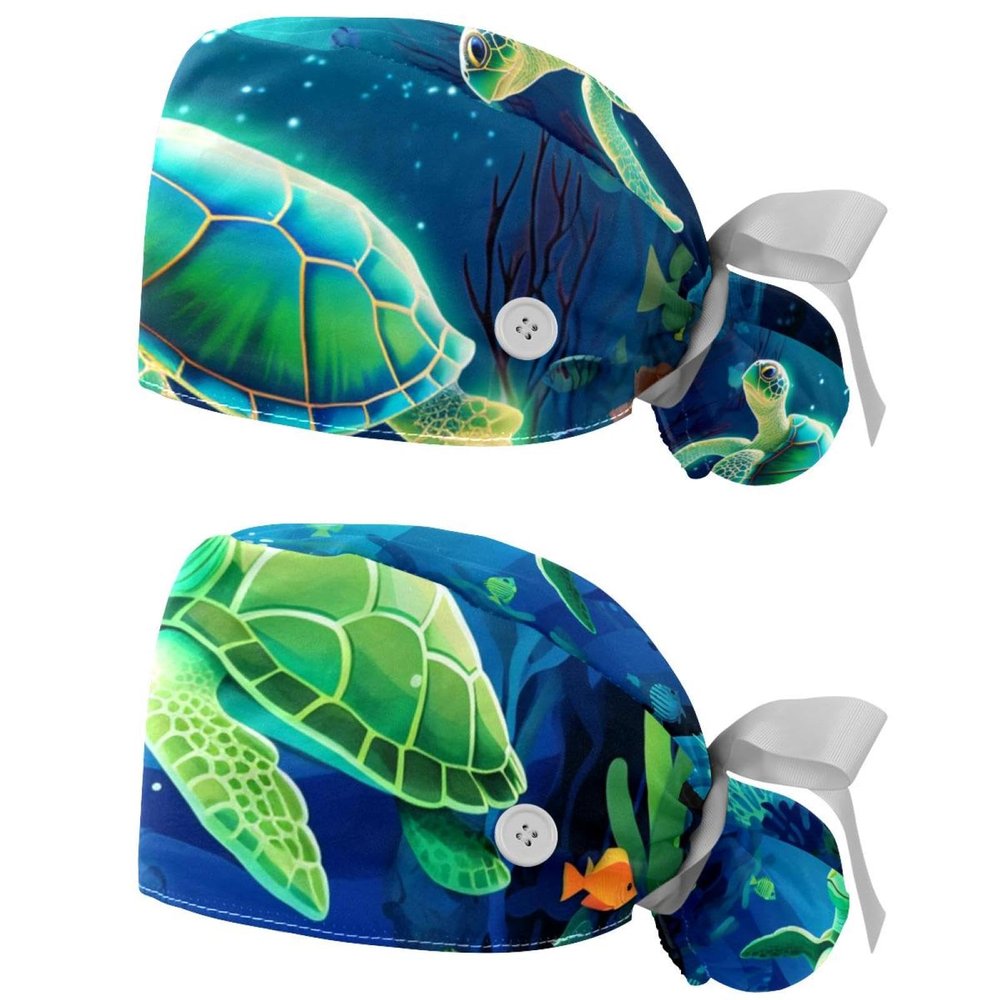 2-Pc,Gourd-Shaped Working Cap,Fisherman Hat with Buttons and Cotton Sweatband,Fish Jellyfish Cartoon Sea Turtle