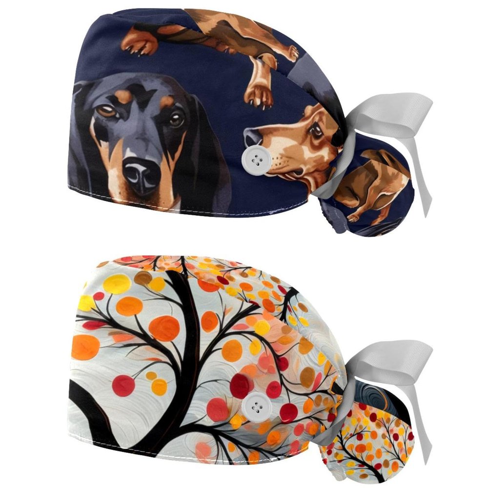 2-Pc,Nurse Scrub Caps,Scrub Hats with Buttons and Cotton Sweatband,Black Brown Dachshund Dog