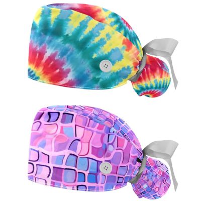 2-Pc,Nurse Scrub Caps,Scrub Hats with Buttons and Cotton Sweatband,Bright Watercolor Tie Dye