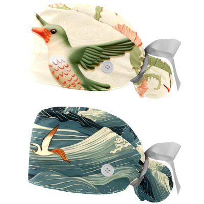 2-Pc,Nurse Scrub Caps,Scrub Hats with Buttons and Cotton Sweatband,Bird Flower Japanese Print