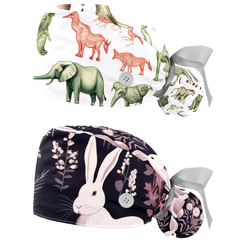 2-Pc,Gourd-Shaped Working Cap,Fisherman Hat with Buttons and Cotton Sweatband,Elephant Abstract Animal Pattern