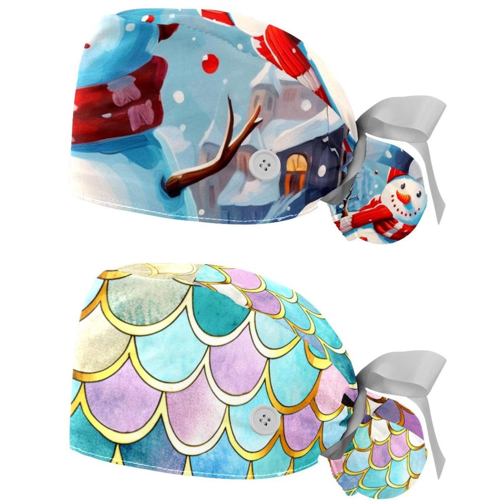 2-Pc,Gourd-Shaped Working Cap,Fisherman Hat with Buttons and Cotton Sweatband,Cartoon Snow Christmas Snowman