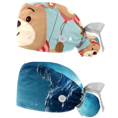2-Pc,Nurse Scrub Caps,Scrub Hats with Buttons and Cotton Sweatband,Cartoon Bear Winter Balloon
