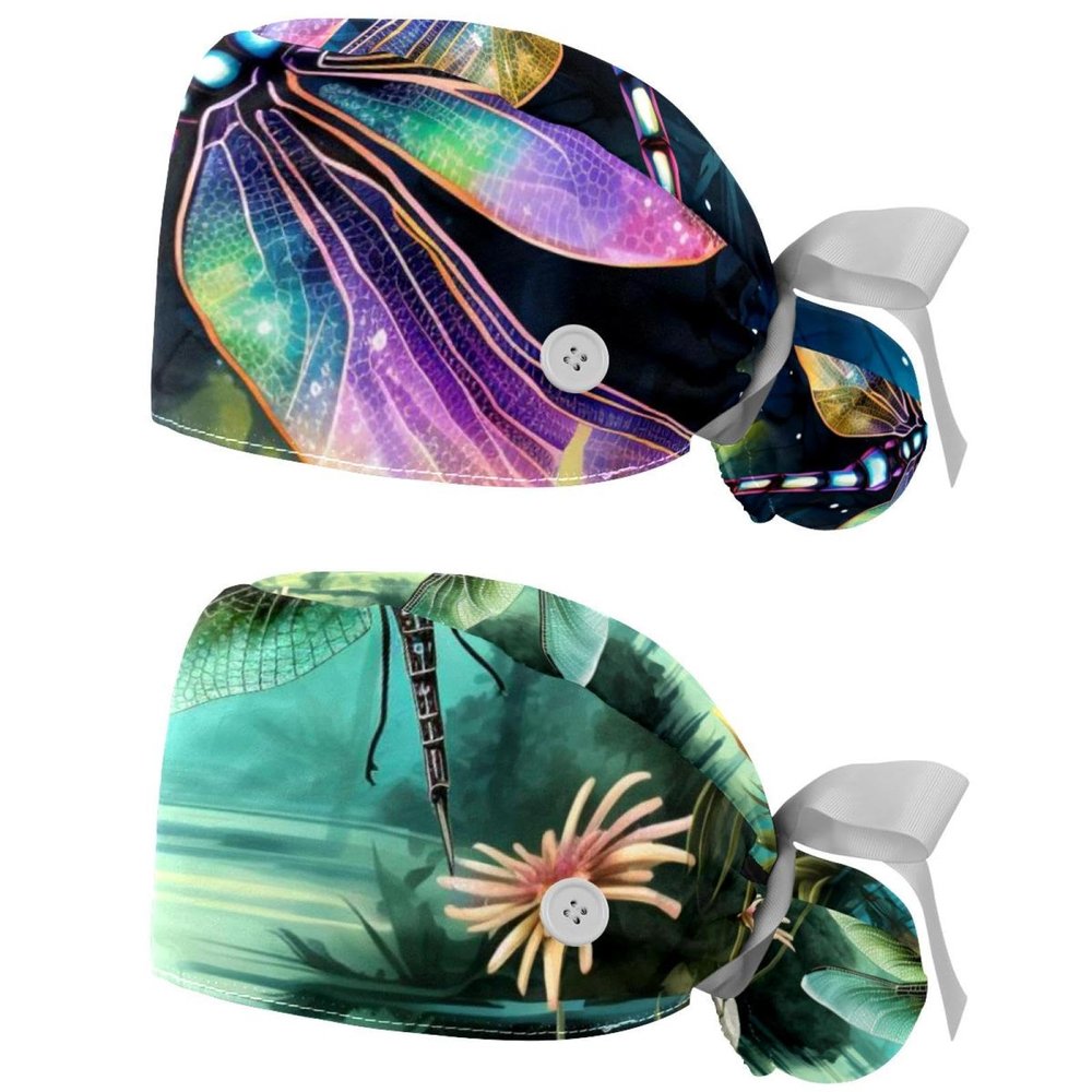 2-Pc,Gourd-Shaped Working Cap,Fisherman Hat with Buttons and Cotton Sweatband,Colorful Animal Plant Flower Illustration