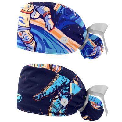 2-Pc,Nurse Scrub Caps,Scrub Hats with Buttons and Cotton Sweatband,Universe Plant Cartoon Travel